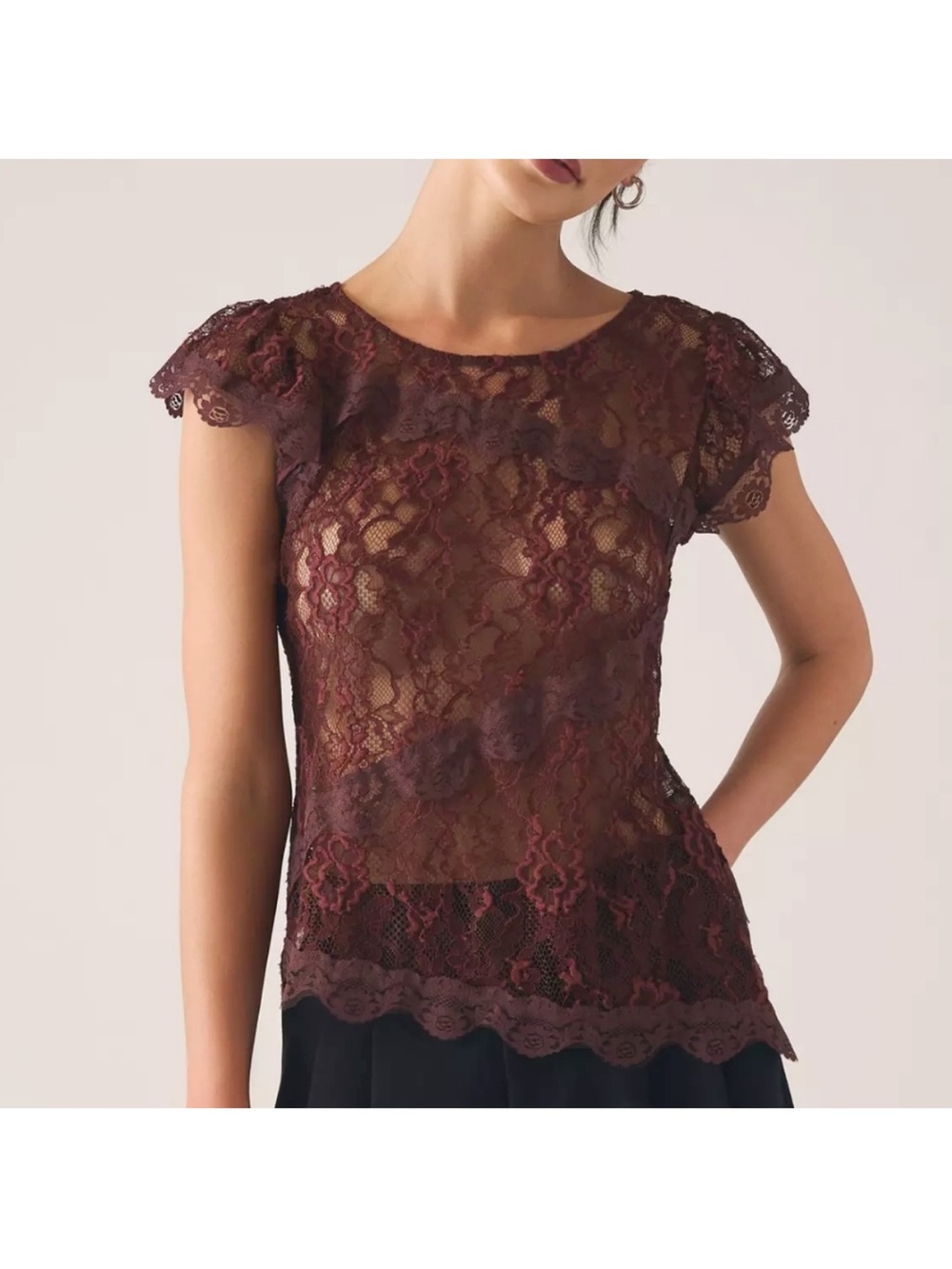 Anthropologie plum sheer Lace Cap-Sleeve Top Tee small